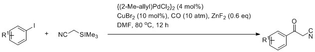 Scheme 1: β-ketonitrile formation from carbonylative coupling of trimethylsilylacetonitrile ([18])