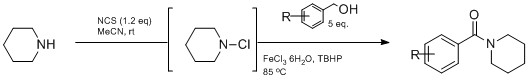 Scheme 1: Iron catalysed tandem reaction for the formation of amides from benzylic alcohols (De Luca et al., 2013 [10])