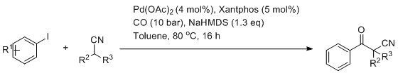 Scheme 2: CHEM21 Approach and first example of the synthesis of α-disubstituted β-ketonitriles from unactivated nitriles([21])