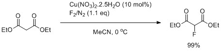 Scheme 2: Optimised copper nitrate catalysed direct fluorination of diethyl malonate [5] Reproduced under license: Creative Commons Attribution 3.0